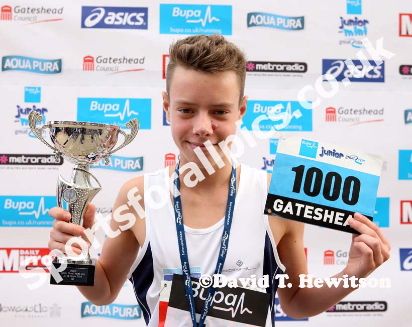 Max Pearson (Tynedale) winner of the 13-14 years BUPA Junior Great Run with his charity number.